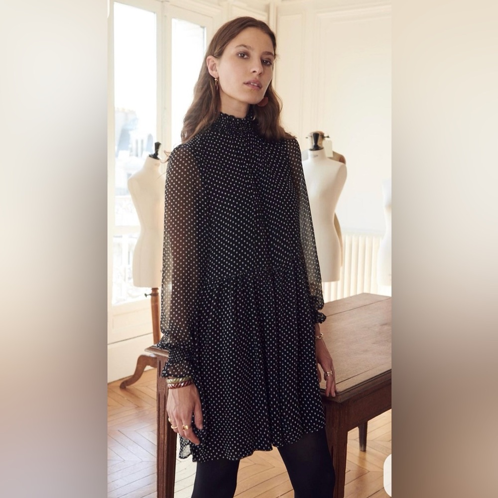 Sezane Black White Polka Dot Long Sleeve Dress 100% Silk Size 34 EU Sheer Lined